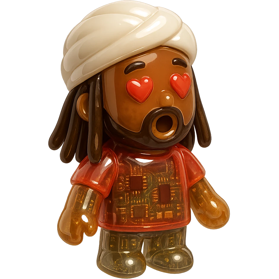 Brownskin man with long brown dreadlocks 
red t-shirt 
white turban 
expression is in love 
his eyes mouth open  emoji