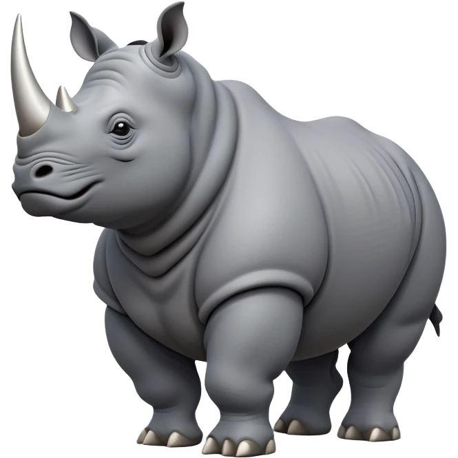 cinematic-rhino-full-body-standing-emoji,slate grey skin -massive-body-poised-powerfully,-thick-horn-curving-slightly-forward,-head-tilted-dramatically,-rough-grey-hide-covered-in-dust,-simplified-focused-features, emoji