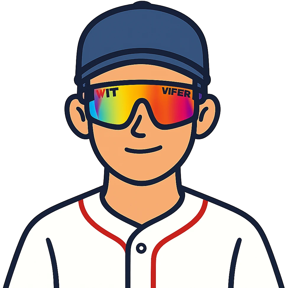 flat toon style baseball guy with brown hair, no beard, baseball cap, and Pit Viper sunglasses emoji