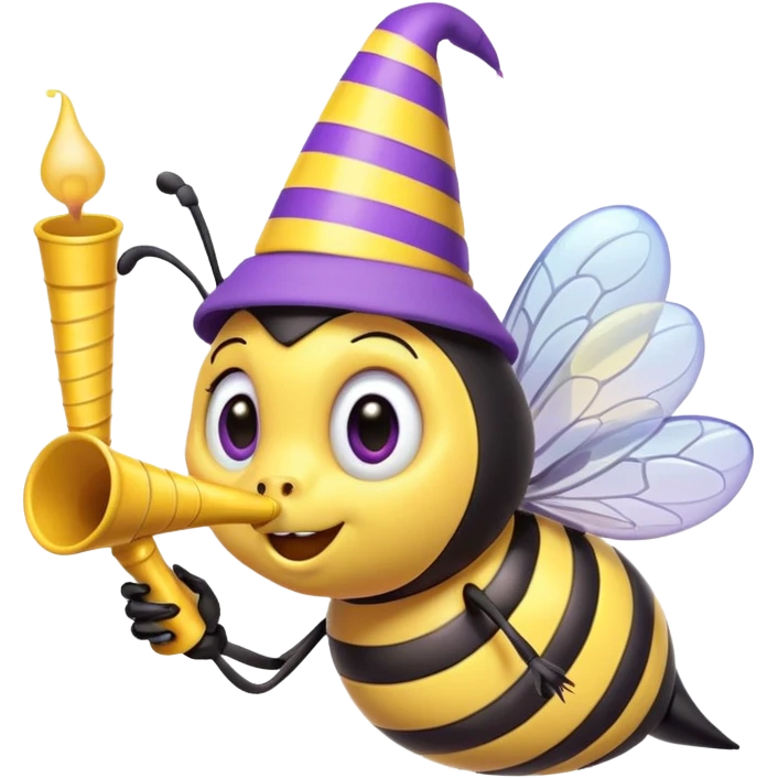 a Bee with purle Birthday Hat, Bee blowing party horn emoji