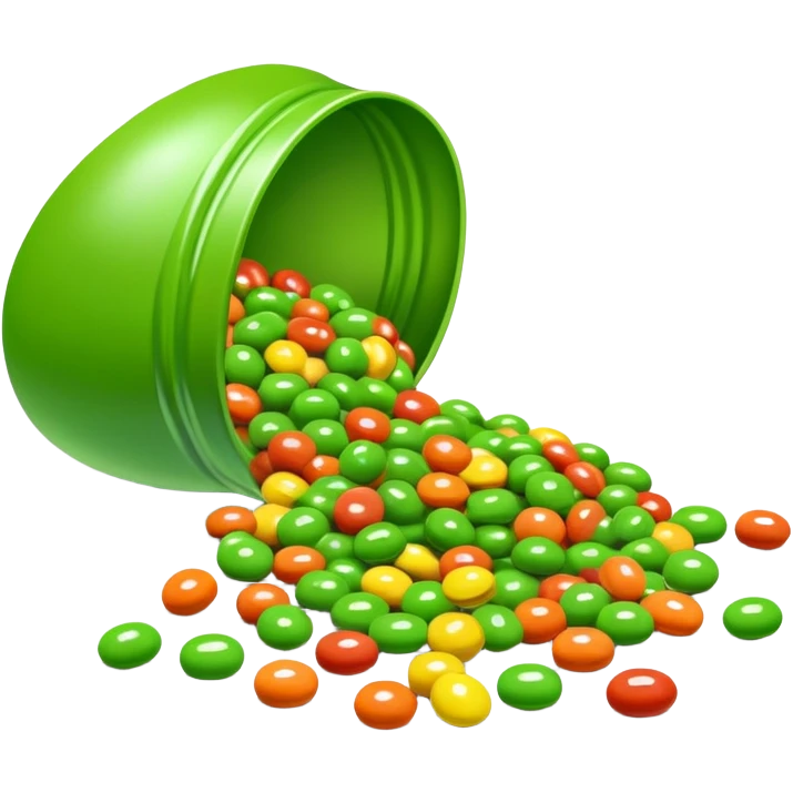 Skittles candy package spilling all green round candies, same package design but only green Skittles emoji