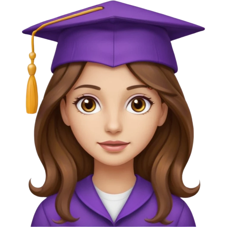 beautiful  woman normal skin with more wavy long brown with higlight  hair and hazel eyes with purple school hat emoji