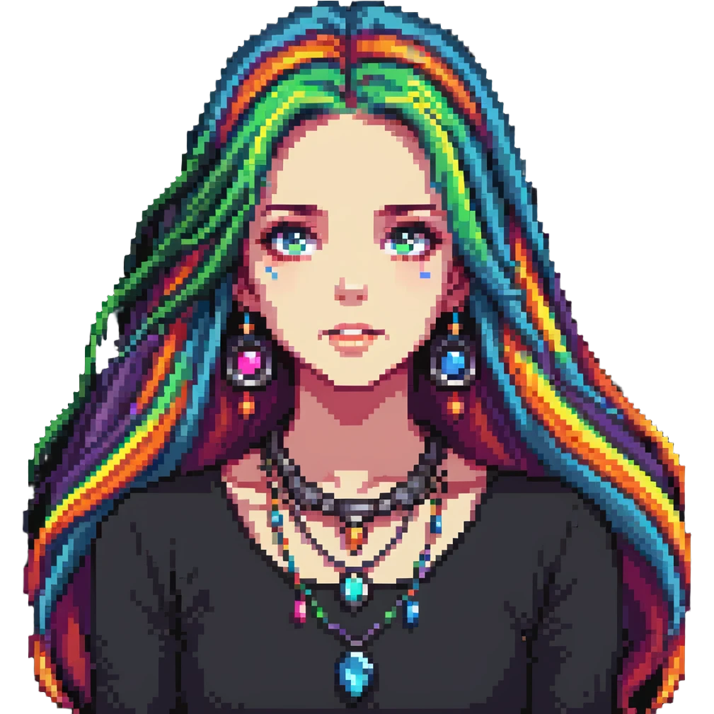 Beautiful girl with metal jewelry, colorful, long hair, dreamy expression emoji