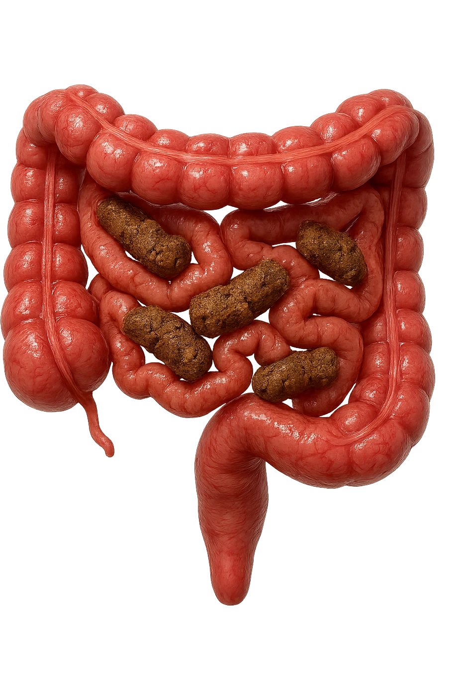 intestino umano anatomico realistico con feci spezzettate iperrealistiche sotto emoji