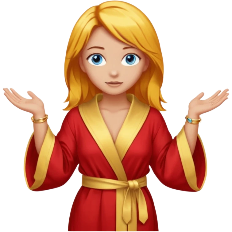 lightly tanned skin, blue eyes, cute and sexy girl with bright yellow-brown hair in a few shades of red robe, golden rings, slight cute makeup, full body, slightly turned aside pose, hands hidden behind back emoji