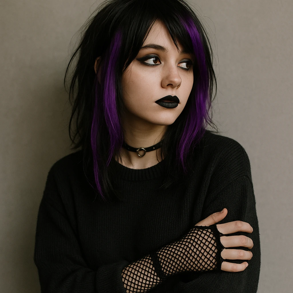 emo girl with purple streaks, fishnet gloves, black lipstick, oversized sweater, looking away emoji