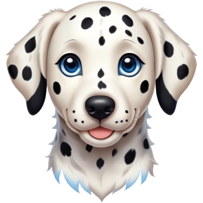 Cinematic Cute Spotted Dalmatian Portrait Emoji, Head tilted playfully and inquisitively, featuring a glossy Fur of predominantly white with dynamic black patches, round, sparkling blue eyes filled with gentle curiosity, Simplified yet irresistibly adorable features, highly detailed, glowing with a warm, friendly glow, high shine, affectionate and gentle, stylized with a touch of whimsy, bright and endearing, soft glowing outline, capturing the essence of a mischievous yet loving pup, so playful it feels like it could lumber out of the screen and into your arms! emoji