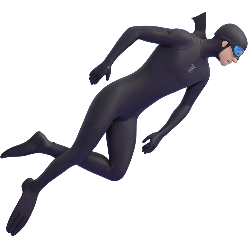 3D emoji style freediver in a black wetsuit, side view, diving downward with long black fins, black gloves, and black goggles covering the face. Arms at sides, five fingers on each hand visible, no face details, black or deep sea background emoji