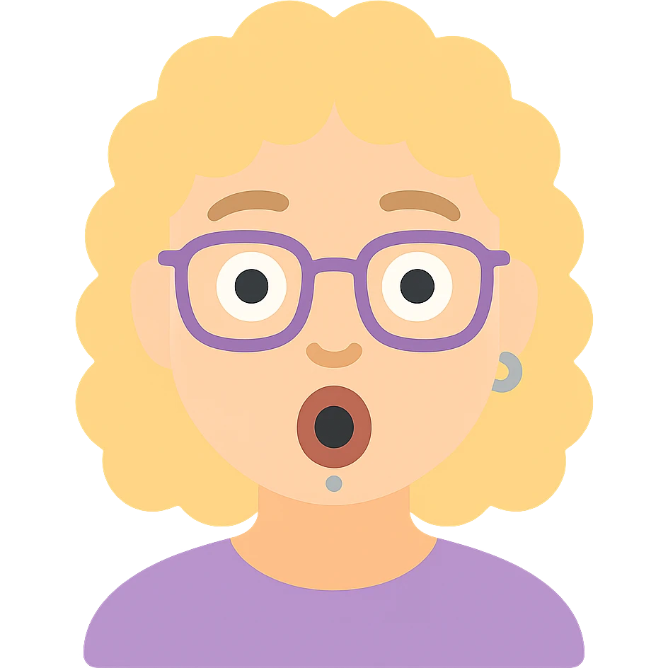 female human with light skin, blond curly hair, glasses, nose piercing, lip piercing, surprised expression emoji