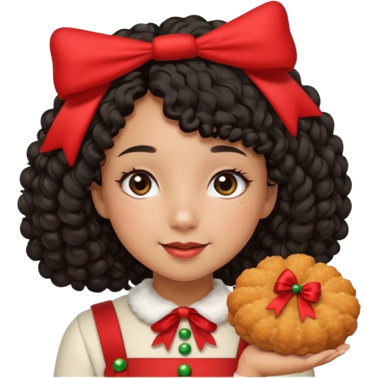 cute girl tan skin, curly black hair chin length, middle part, long eyelashes, cute cheeks, 5'2, outfit croquette style with bows and christmas theme, happy,  emoji