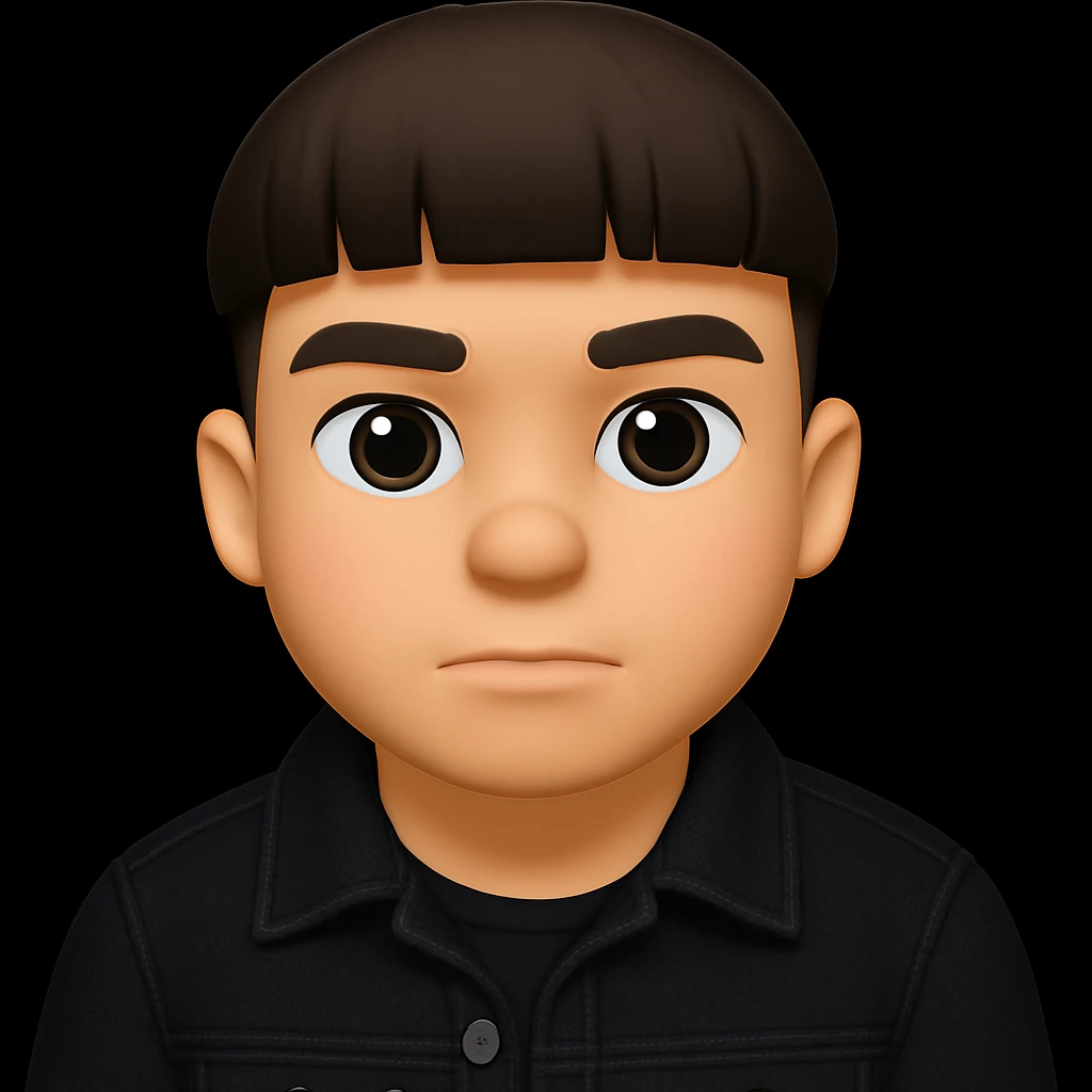 3d-emoji стиль, не толстое уверенное лицо, в черной джинсовке emoji
