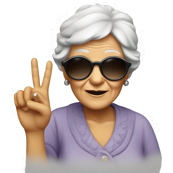 An old lady with cool sunglasses and a hand that does the “peace” sign emoji