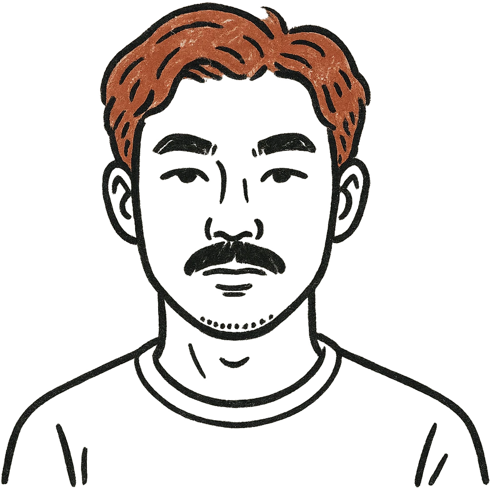 Asian man with black mustache and red hair, hand-drawn outlined style emoji
