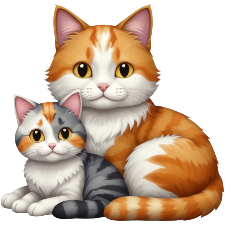 full body colourful light patched calico + white tabby cat cuddling a large grey and white cat  emoji