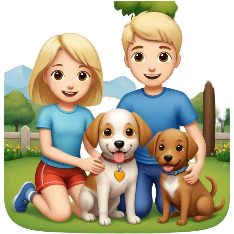 happy boy and girl with dog outdoors emoji