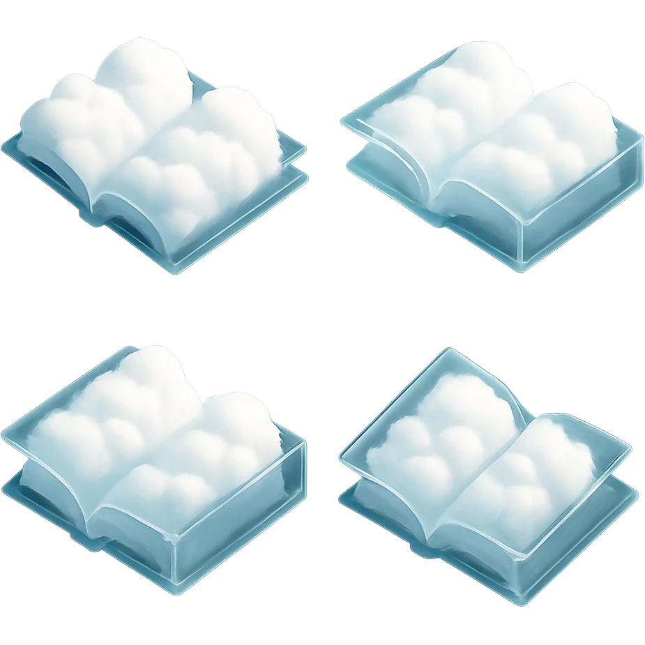 open book from above, pages and cover made of bright white fluffy clouds, matte glass style emoji