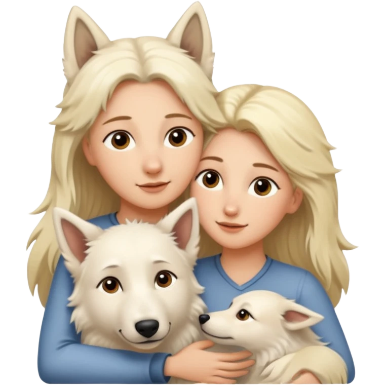 White Shepard short fur Brown eyes is huggin from a Long-haired blonde lady emoji