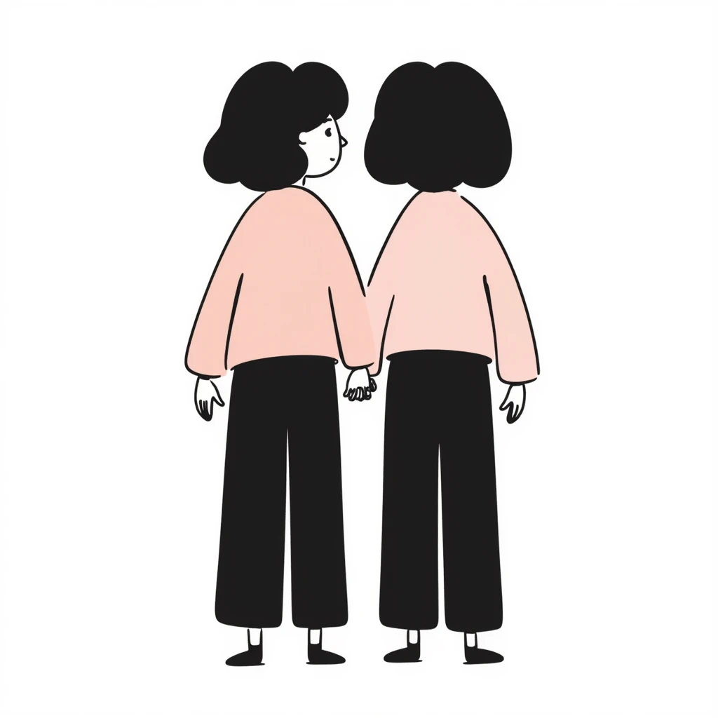 Silhouette of two identical twins seen from behind, standing side by side in pastel colors (dd9fb0, ffc6d3, a3bfc9, c4bee2, f1b091), hand-drawn doodle style emoji