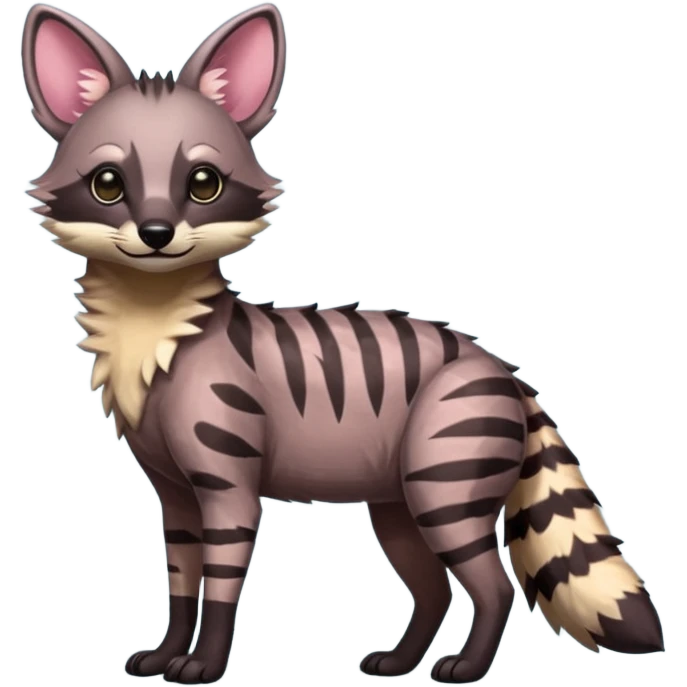 Cute adorable kawaii Shiny Colorful Dusky Dark Gloomy Glossy Aardwolf-Genet-Bobcat-fusion-animal-hybrid-creature, full body emoji