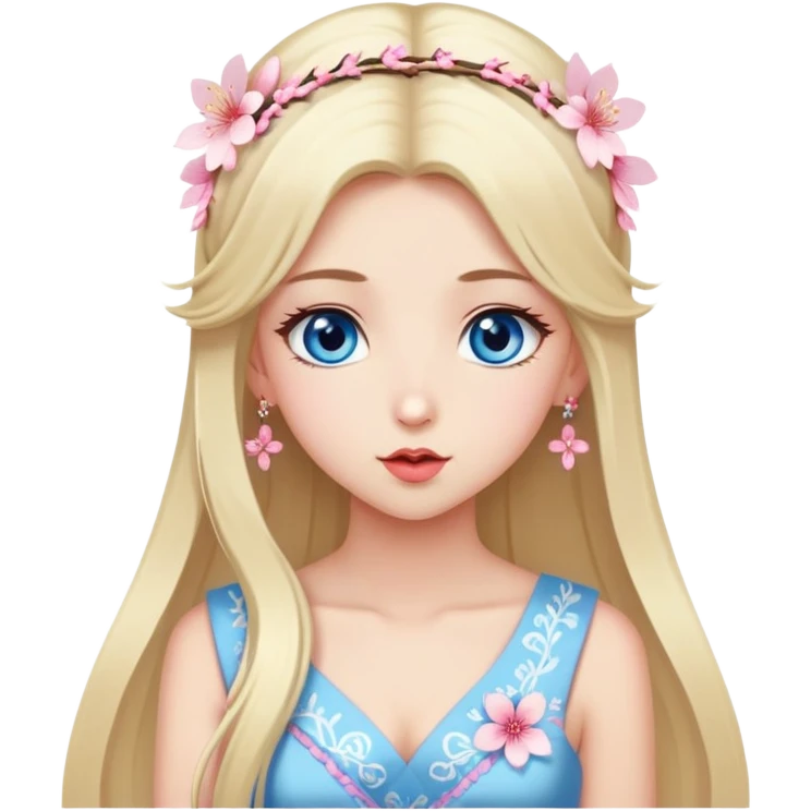 Turkish Girl with long blond hair and sakura accessories on her hair with a long tailed sakura dress on the ground and have blue eyes beautiful finish and she sending lovely kisses  emoji