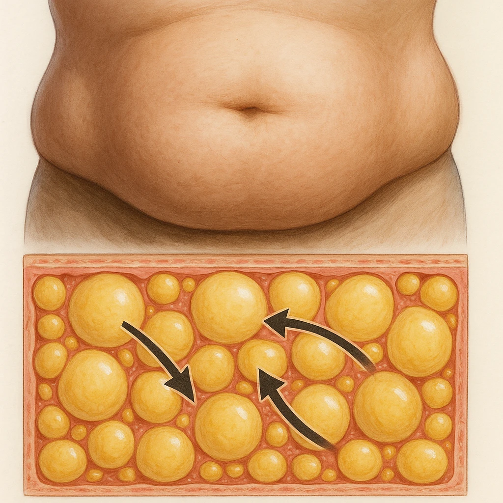 realistic belly with stubborn fat, cross section showing resistant adipocytes, medical style, natural colors, cellular details, arrows indicating resistance emoji