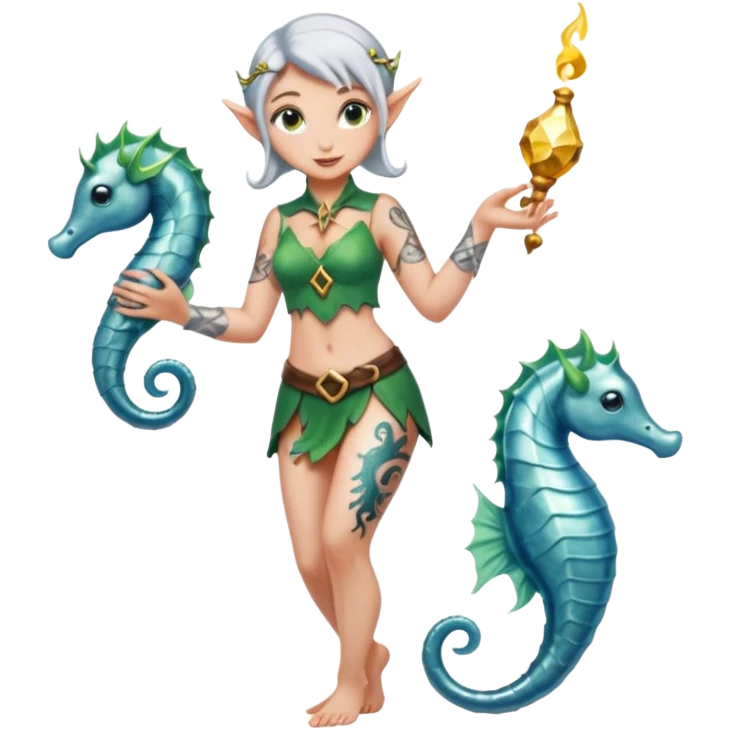 female elf in shimmering pareo, releasing glowing seahorse. Ankle tattoos emoji