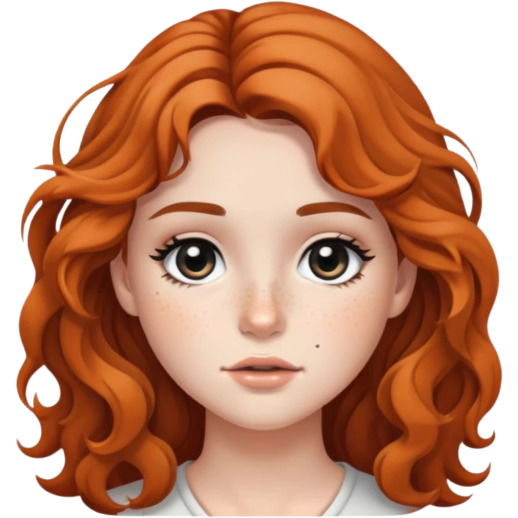 girl with wavy long hair, striking black eyes, subtle makeup, and scattered freckles emoji