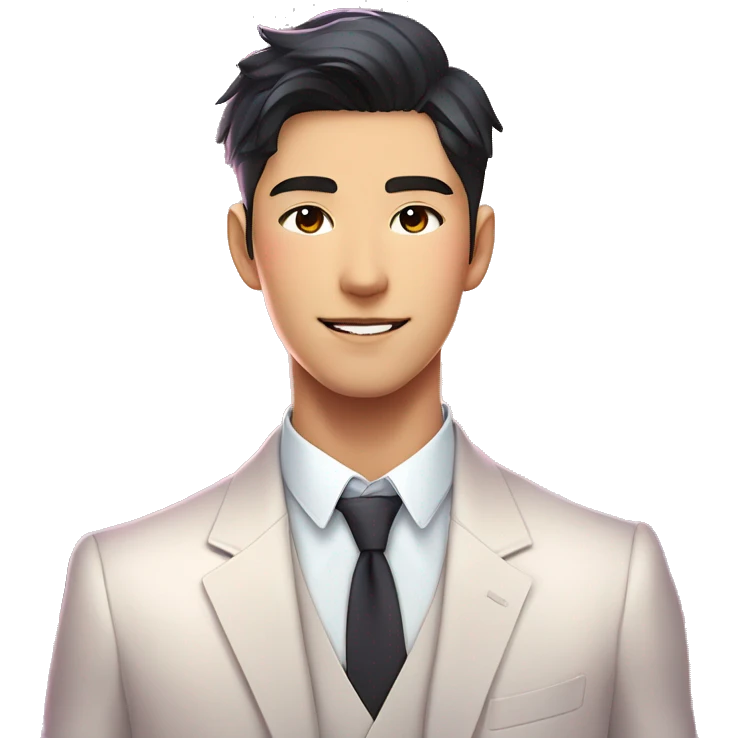 Gorgeous romantic anime style Asian formal modern gentlemanly guy with flowers and blushing face aesthetic trending style outside with colorful gradient bright light colors emoji