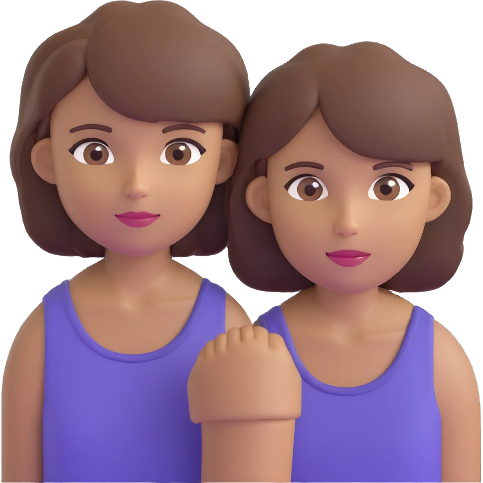 dos chicas, una con pelo corto desmechado en capas hasta la barbilla, castaña, piel morena; la otra con pelo lacio hasta el hombro, castaña, piel morena emoji