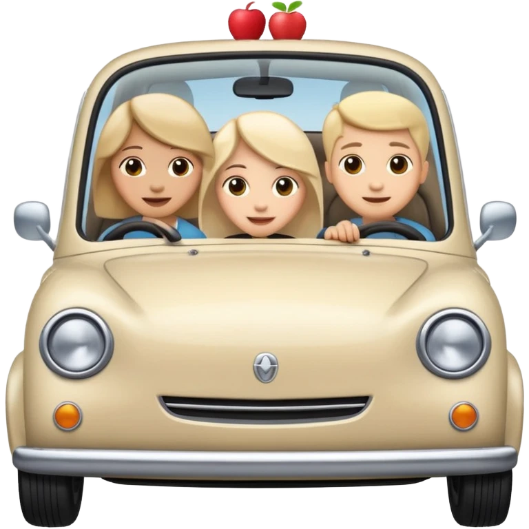a small car with five happy people inside, all peeking out from the side of the car, in apple standard emoji style, unified cute style emoji
