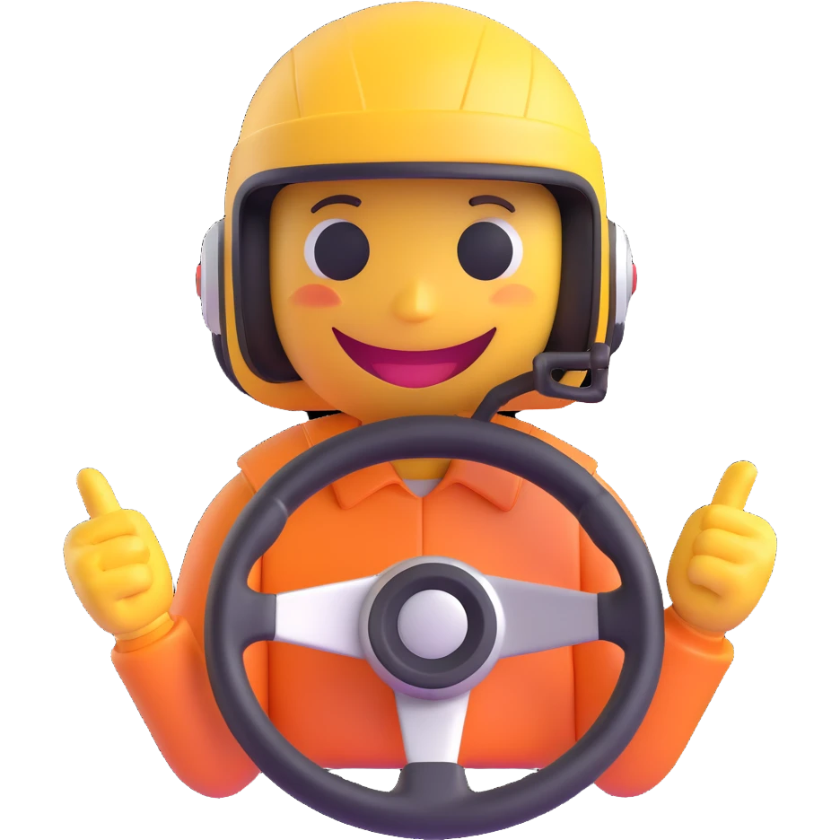 3D smiley emoji, round shape, wearing Formula 1 helmet, holding steering wheel, sporty face, transparent background (Formula 1) emoji
