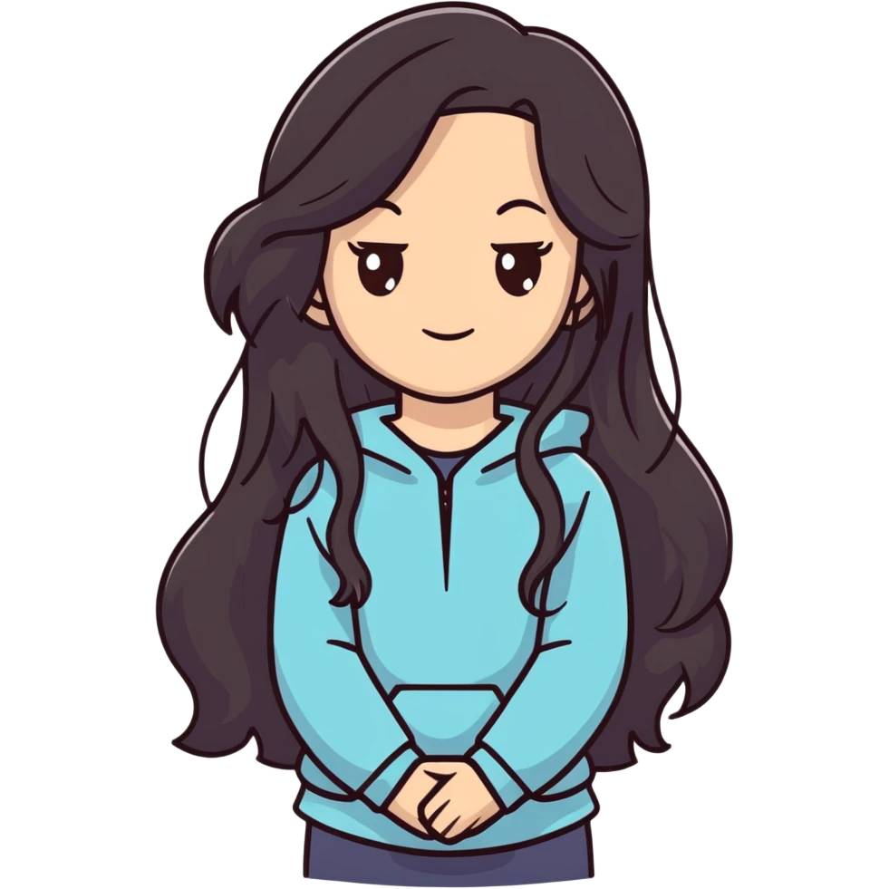 strong girl with brown eyes, long slightly wavy black hair emoji
