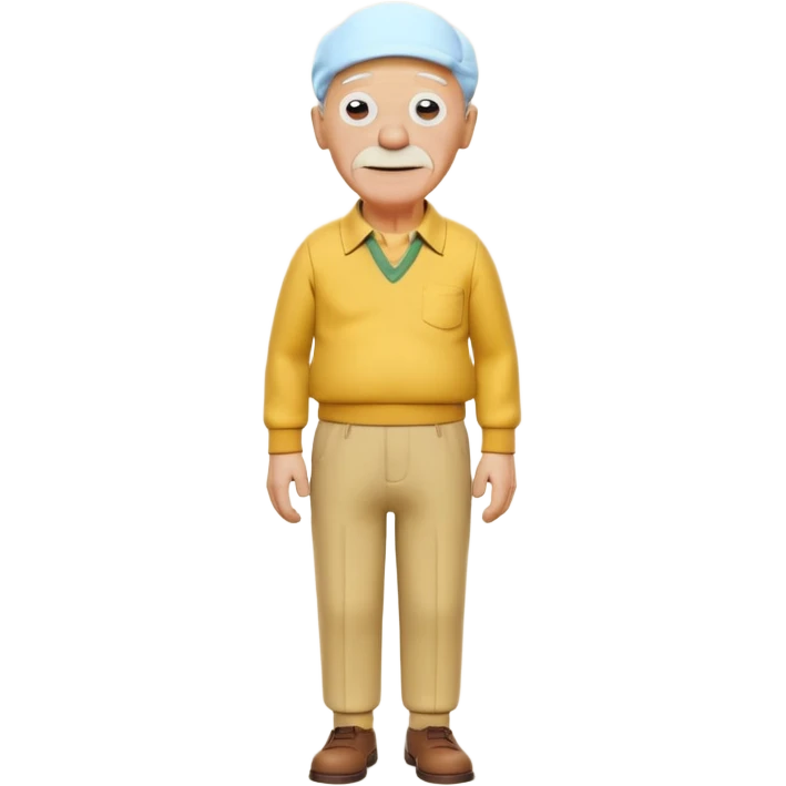 A 3D cartoon elderly man entirely yellow, styled like Grandpa Simpson, bald head with few hair strands, wrinkled face, yellow shirt and trousers, kind smile, cinematic Memoji-style render matching other Simpsons characters. emoji