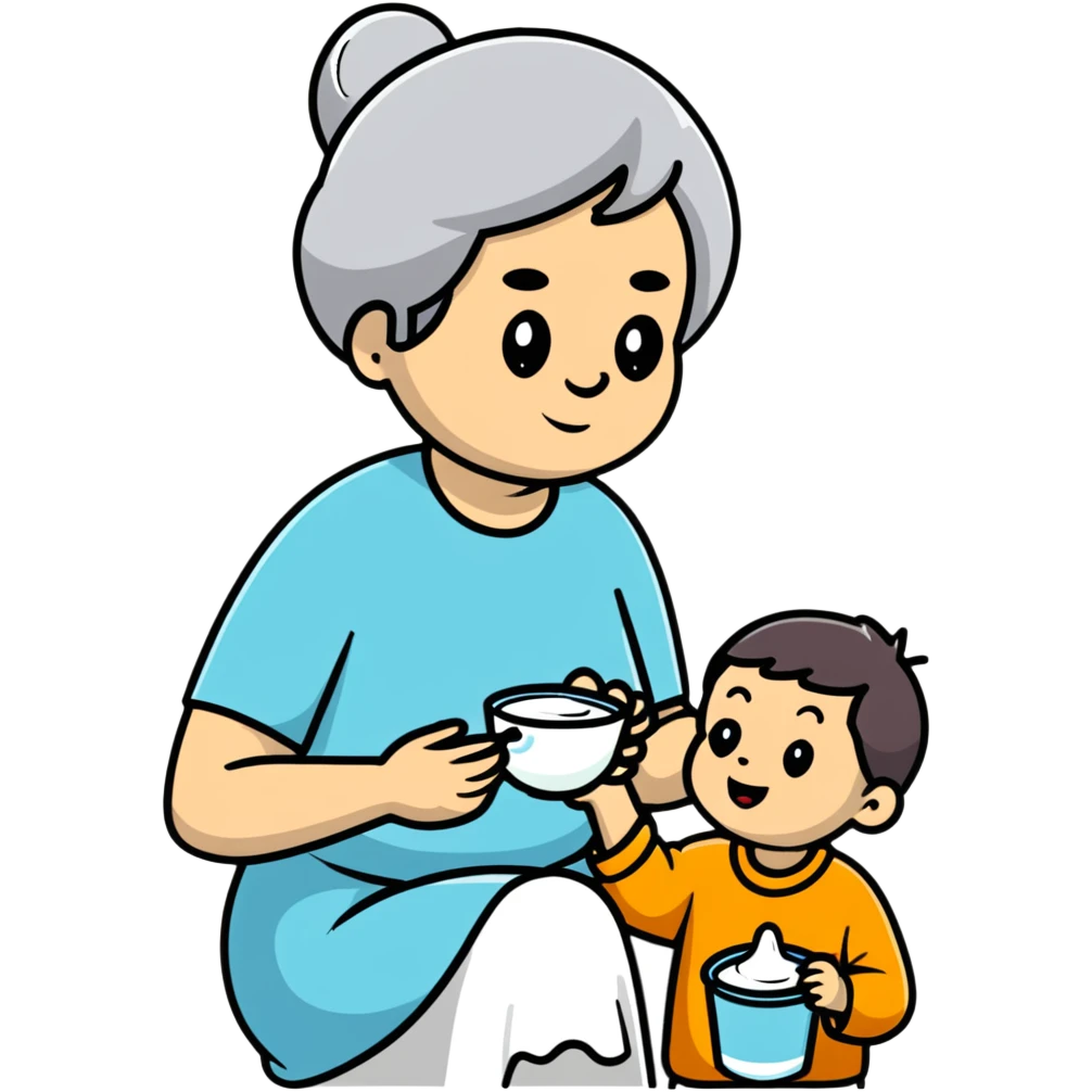 grandmother offering yogurt to grandson emoji