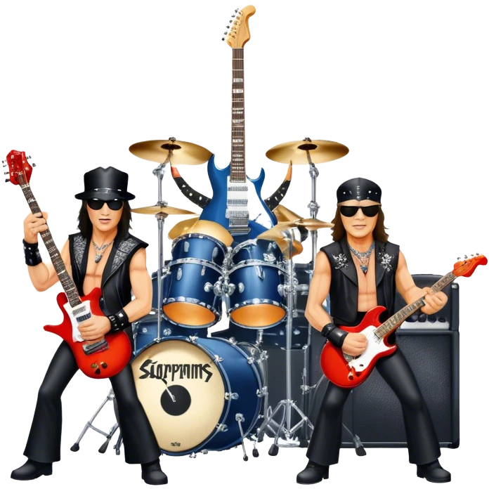 Icon for Rock Music: Scorpions live concert on stage with electric guitars, drums, and a powerful spotlight. Klaus Meine at the microphone, Rudolf Schenker and Matthias Jabs playing guitars, dynamic stage presence, and electric energy. Transparent background. emoji