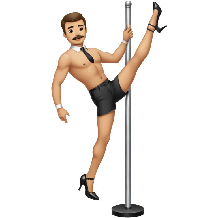boring businessman with a mustache, wearing stripper heels, dancing on a pole emoji