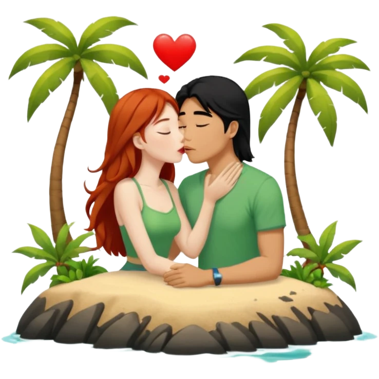 long black haired asian guy kisses redhead girl on island emoji