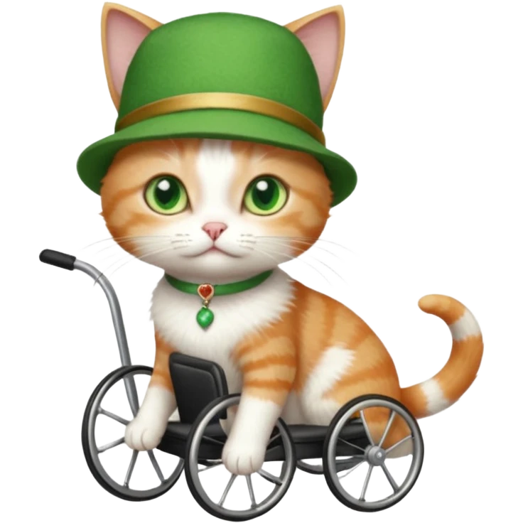 full body small short hair ginger and white cat with green eyes walking in a wheelchair for cats emoji