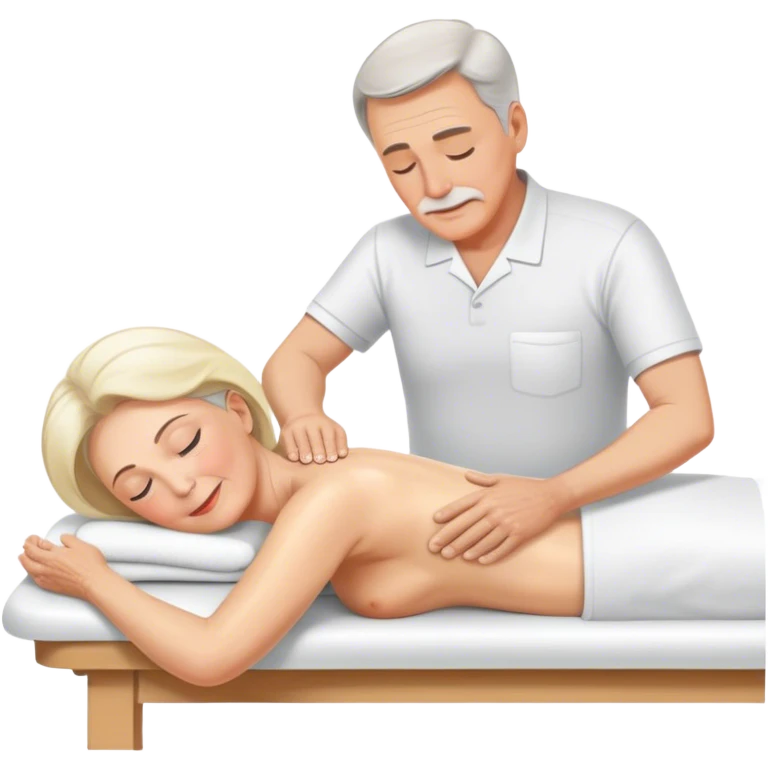 60-year-old white man massaging 60-year-old woman on massage table using oil emoji