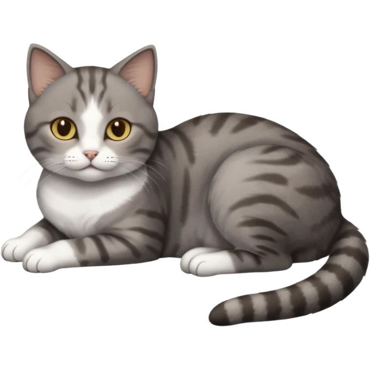 full body tiny short hair dark grey and 3/4 white cat with hazel eyes lying down emoji