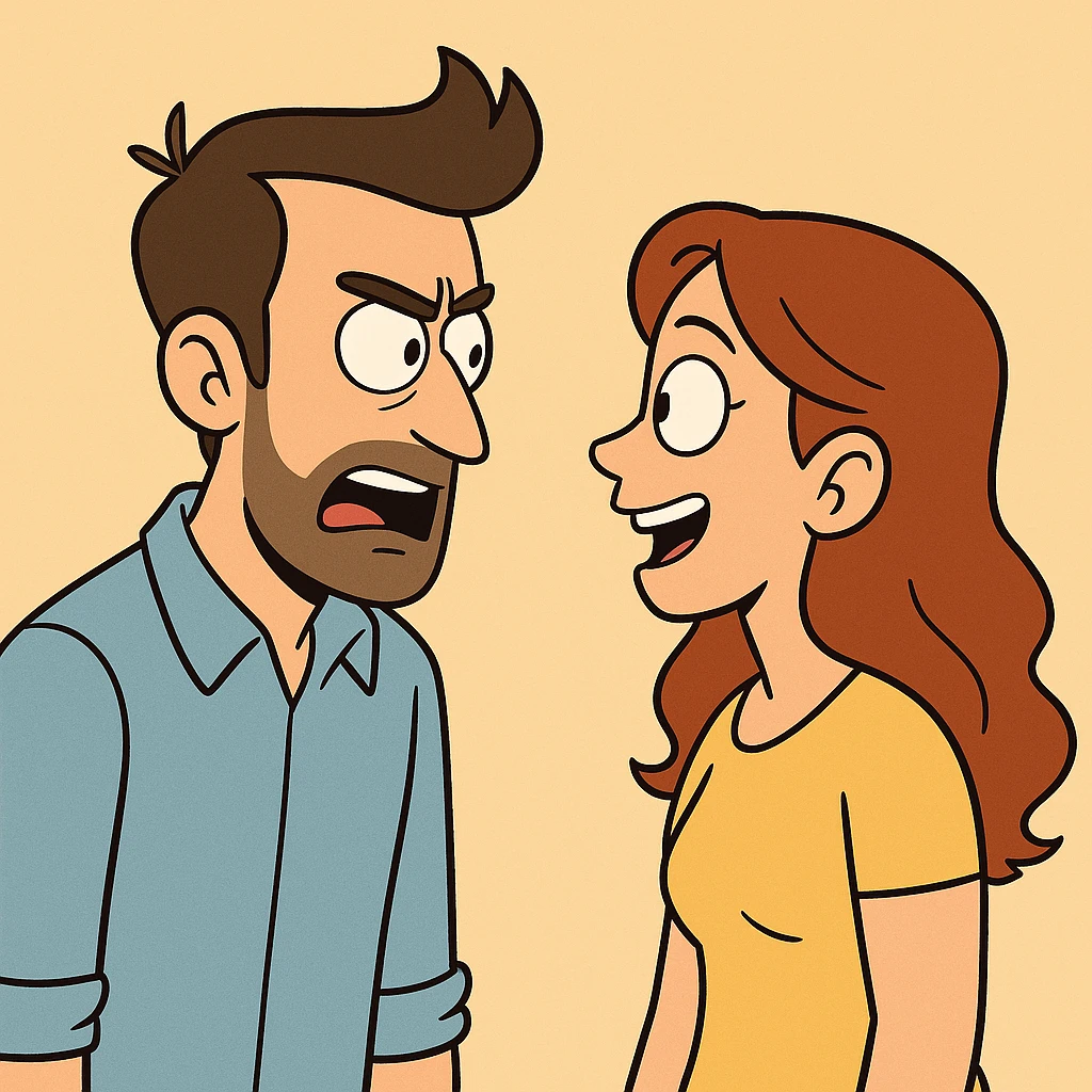 man and woman facing each other, animated expressions, bold colors, flat-toon style emoji