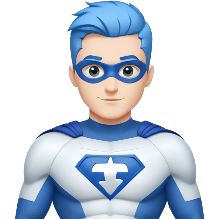 Emoji of a friendly, clean-shaven man with blue hair, wearing a minimalist blue and white superhero suit. The suit has a large blank area on the chest for a logo, uses only blue and white colors, and has minimal details. Cheerful expression emoji