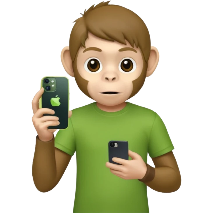 Un singe qui est habillé comme un garçon et qui a un iPhone 12 mini et qui a un t-shirt vert  emoji