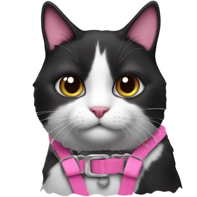 Black and white cat in pink harness emoji