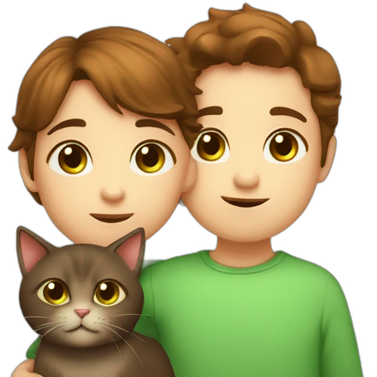 Girl with brown eyes and brown hair kisses boy with brown hair and green eyes and hugs brown fat cats emoji
