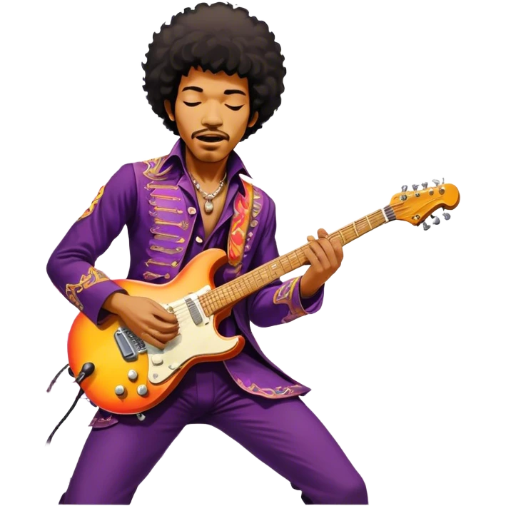 Icon for Rock Music: Jimi Hendrix playing his iconic guitar on stage, surrounded by his band. The design should capture the electrifying energy of his performance with vibrant lighting, swirling colors, and musical intensity. Transparent background. emoji