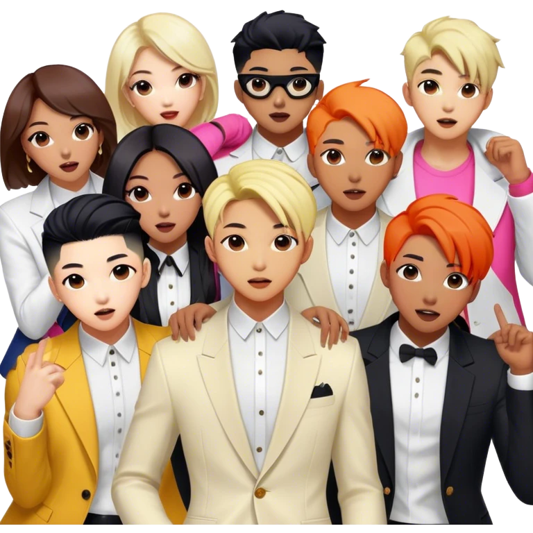Cinematic Realistic BTS Portrait Emoji, depicted as a dynamic energetic portrayal of the global K-pop group with stylish modern attire and vibrant expressions, rendered with rich textures and bold contemporary lighting that captures their youthful charisma. emoji
