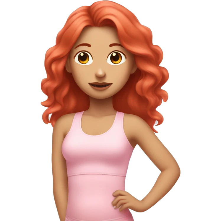 girl with long red hair in a baby pink outfit doing pilates emoji