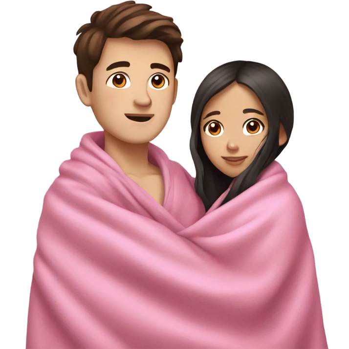 white boy with dark brown hair and asian girl cuddling in pink blankets emoji