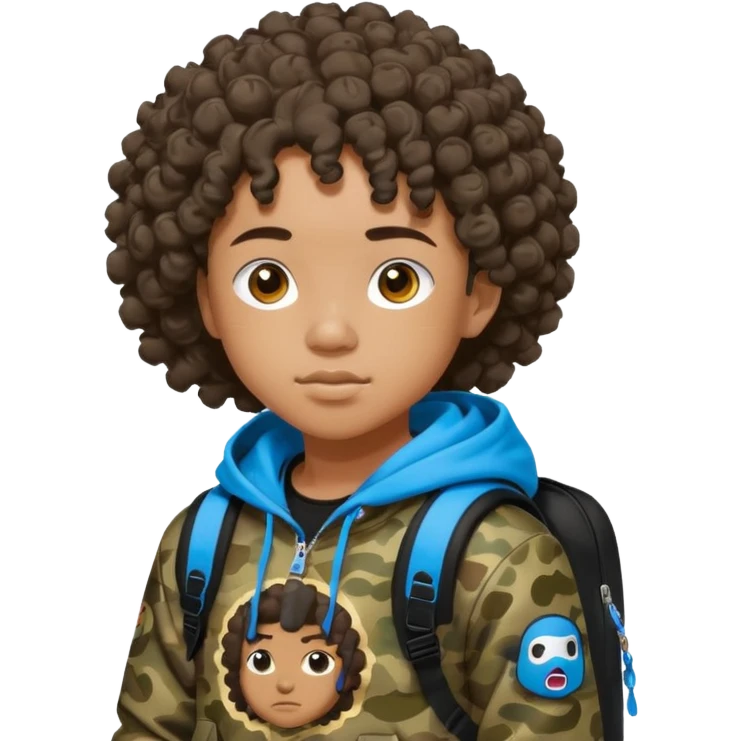 blasian teenager with curly hair, and bape x sprayground hoodie and sprayground backpack emoji
